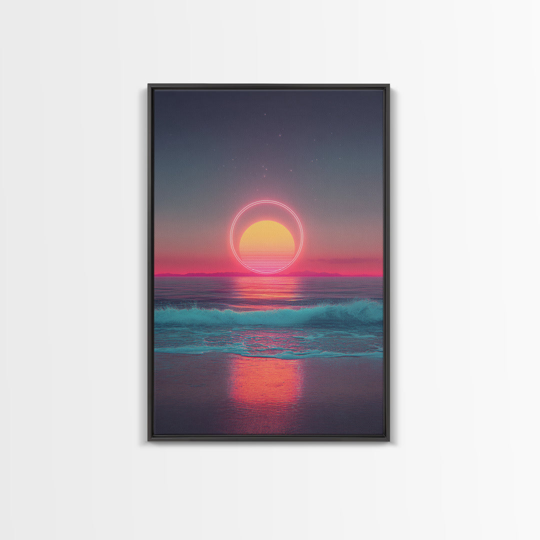 Digital Neon Sunset Ocean With Circular Glow Abstract Waves Modern Wall Art Large Framed Canvas Print Coastal Decor