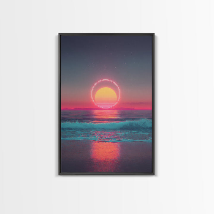 Digital Neon Sunset Ocean With Circular Glow Abstract Waves Modern Wall Art Large Framed Canvas Print Coastal Decor