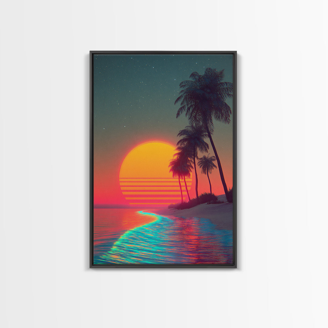 Retro Sunset Beach Landscape With Vibrant Neon Ocean Waves And Palm Trees Canvas Print For Modern Coastal Home Decor