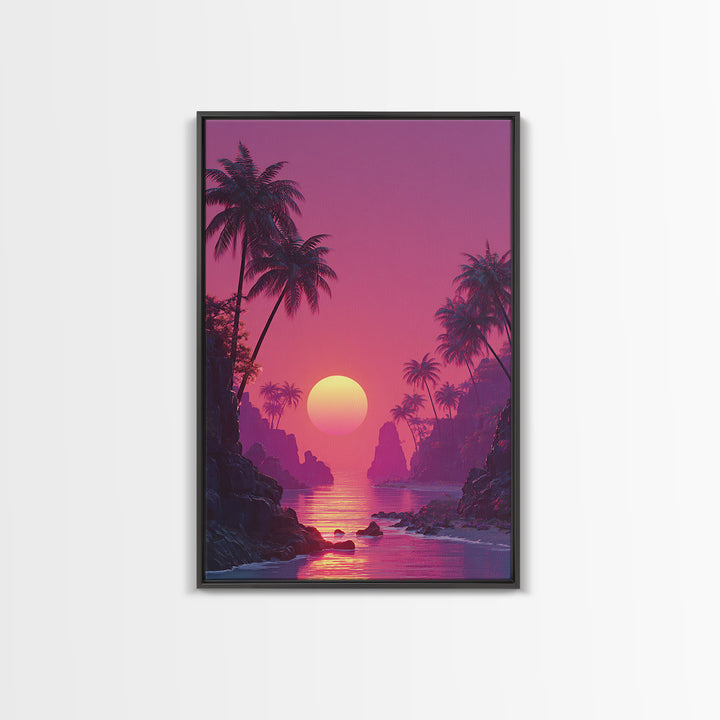 Stunning Pink Sunset Tropical Beach Landscape With Palm Trees Wall Art Canvas Print For Coastal Home Decor And Bedroom