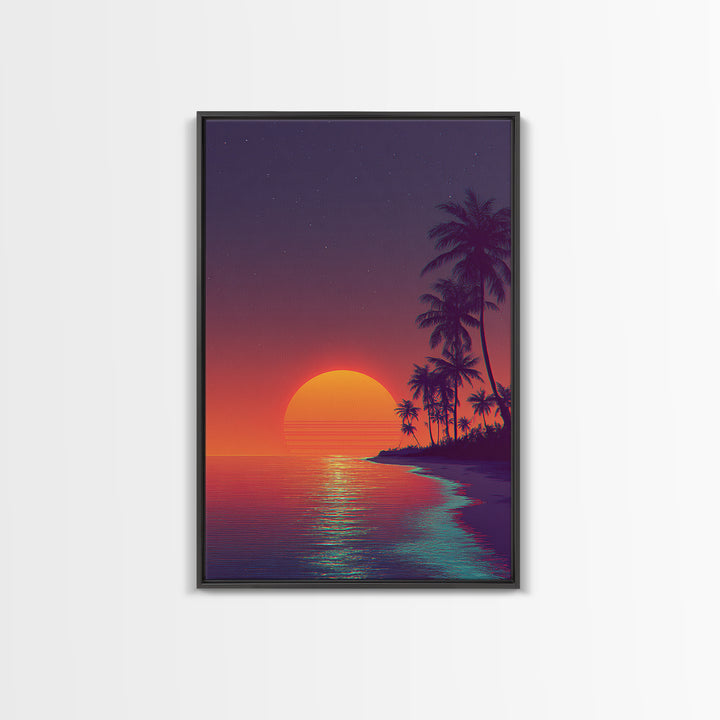 Vibrant Retro Sunset Over Tropical Beach Digital Artwork Modern Wall Art Framed Canvas Print Coastal Home Decor