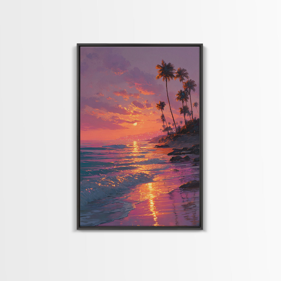 Palm Trees Sunset Beach Landscape Painting Wall Art Canvas Print For Cozy Living Room Modern Coastal Wall Decor