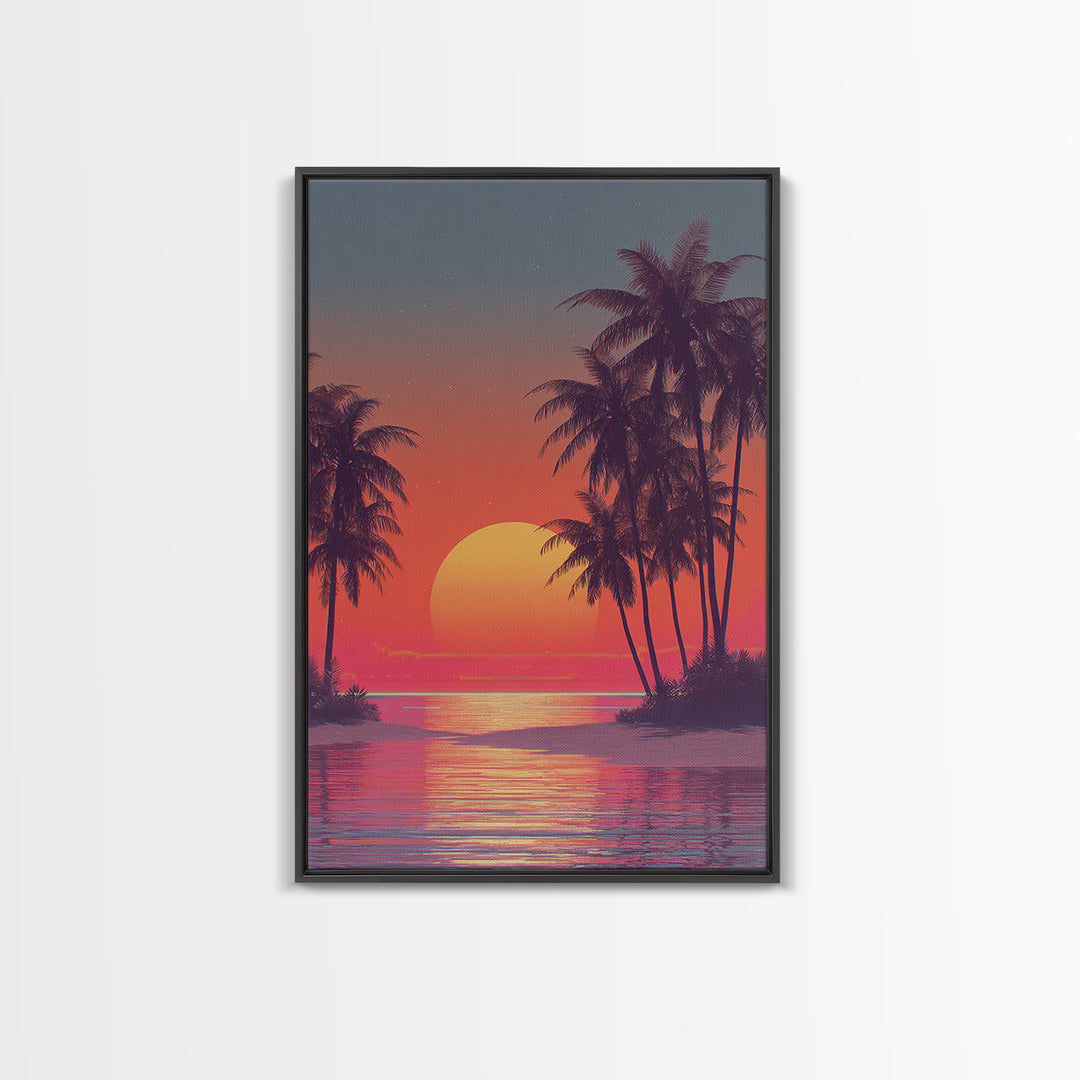 Tropical Sunset Beach Scene Wall Art With Palm Trees And Vibrant Coral Sky Framed Canvas Print Perfect For Coastal Home Decor