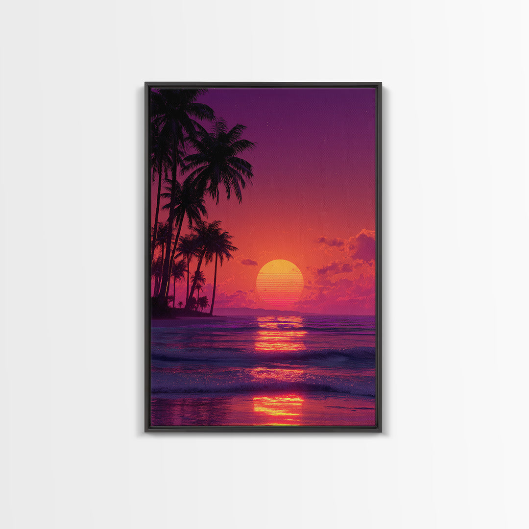Vibrant Retro Sunset Beach Palm Tree Painting Wall Art Print For Bedroom And Coastal Home Decor Canvas Print