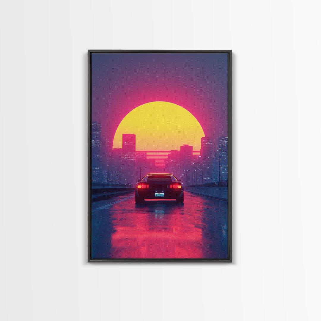 Retro Futuristic Neon Cityscape With Classic Car Sunset Wall Art Canvas Print Gaming Room Decor Modern Urban Art