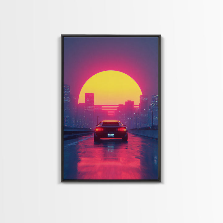 Retro Futuristic Neon Cityscape With Classic Car Sunset Wall Art Canvas Print Gaming Room Decor Modern Urban Art