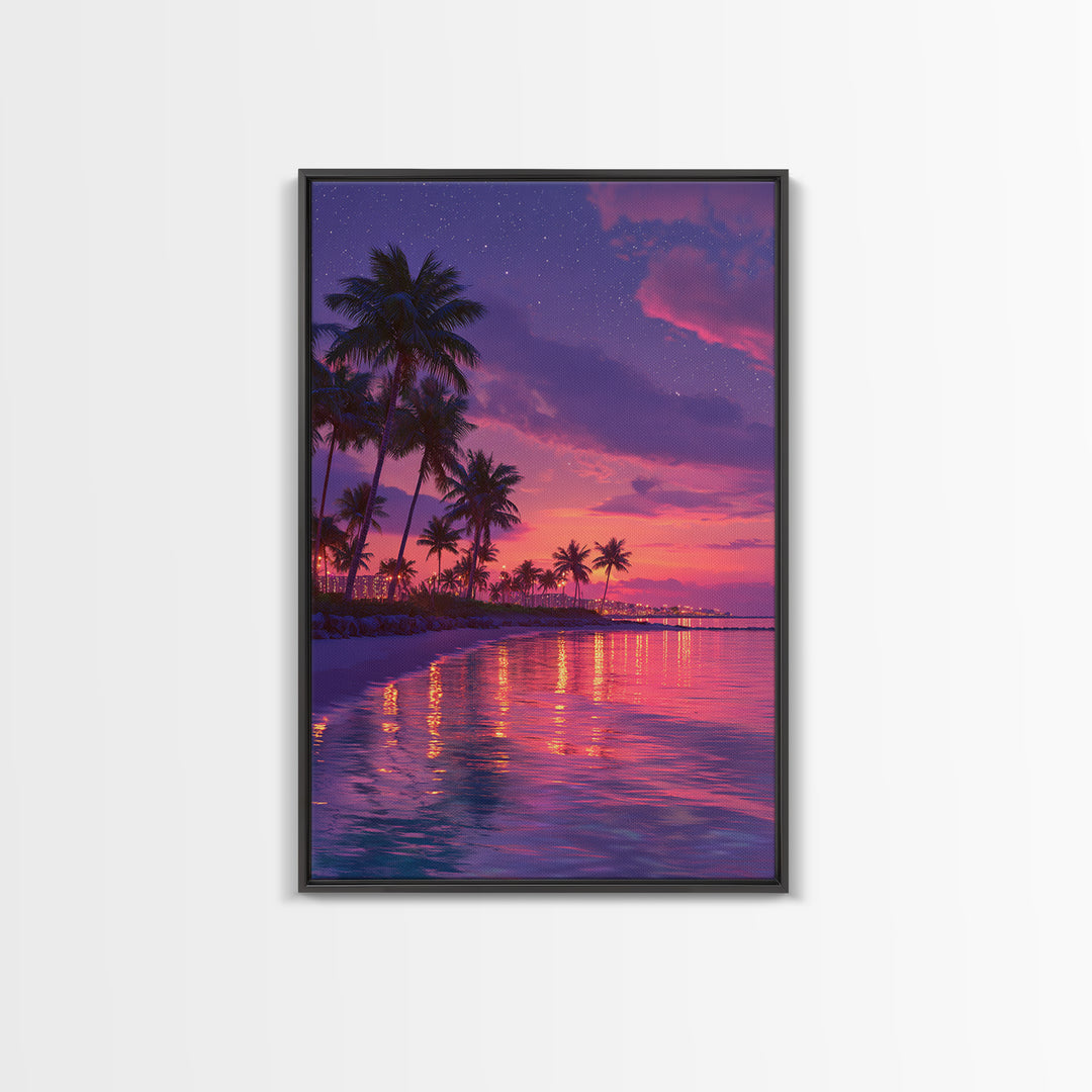 Vibrant Miami Beach Twilight With Palm Trees And City Lights Wall Art Print Canvas Wall Art Coastal Home Decor Gift For Beach Lovers