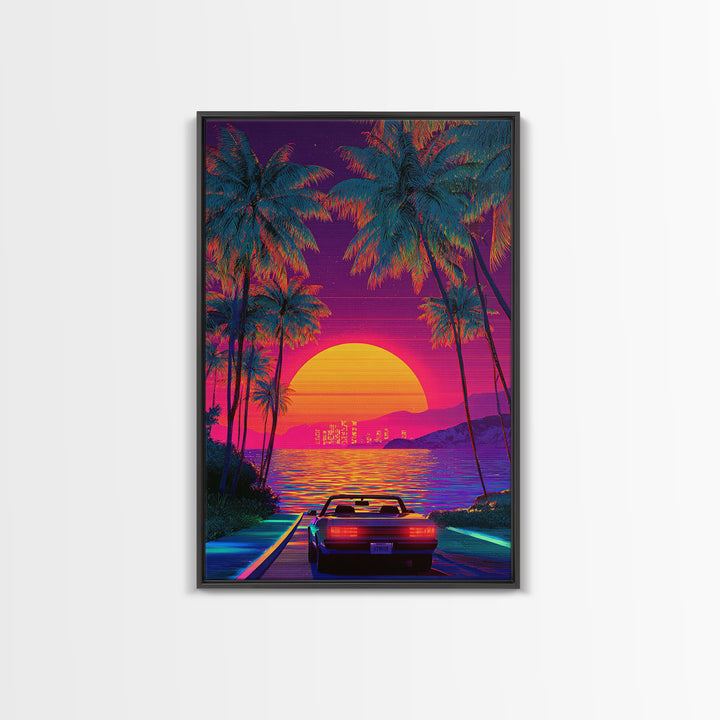 Retrowave Neon Sunset With Palm Trees And Convertible Car Canvas Print For Modern Wall Art Coastal Home Decor