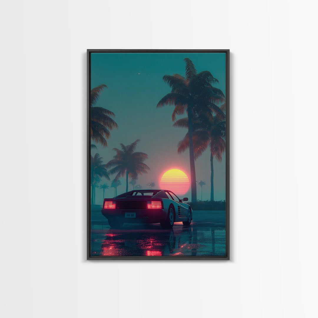 Retro Futuristic Car At Sunset Surrounded By Palm Trees With Neon Glow Vibrant Digital Art Canvas Print