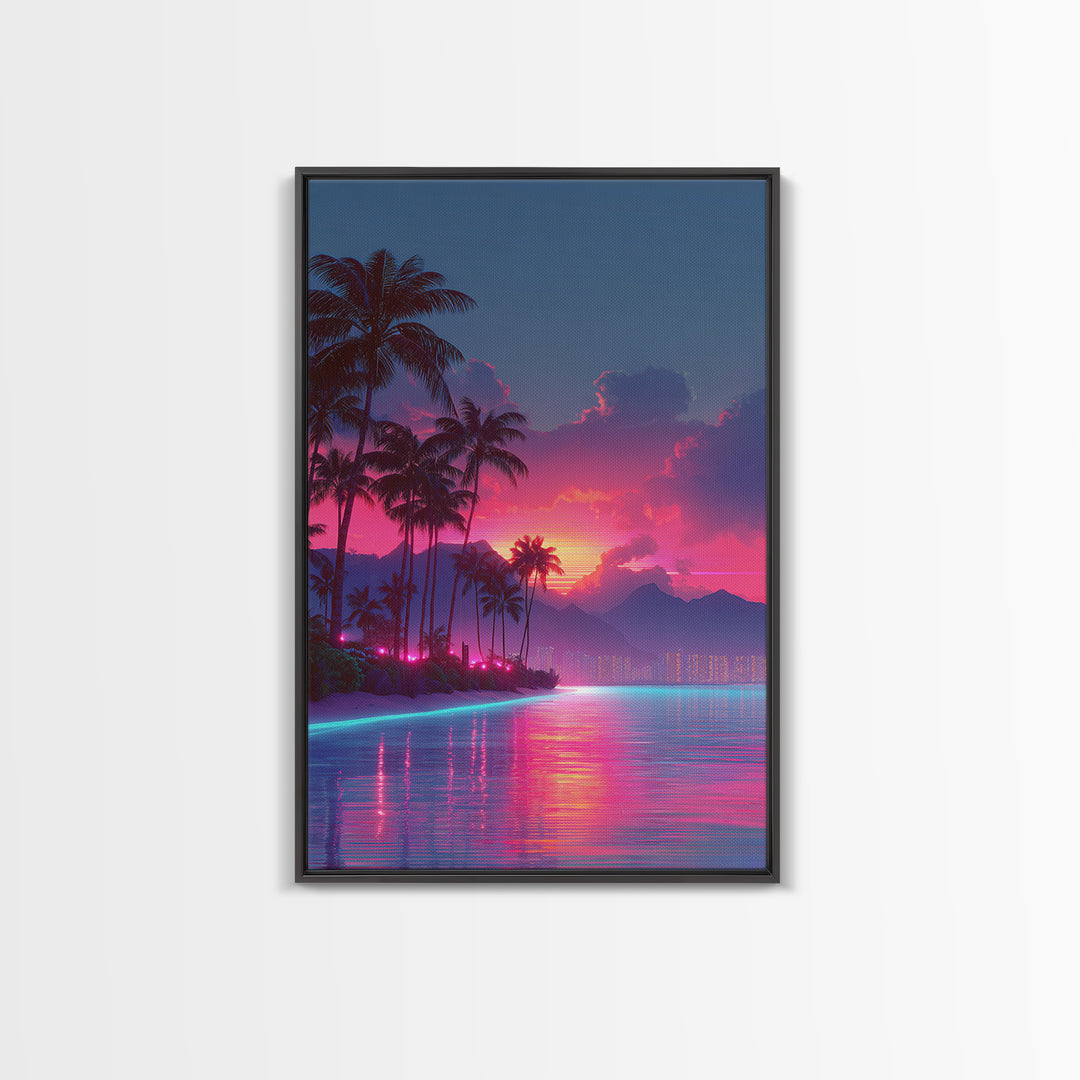 Vibrant Sunset Over Tropical Beach With Palm Trees And Reflective Ocean Modern Wall Art Print Canvas