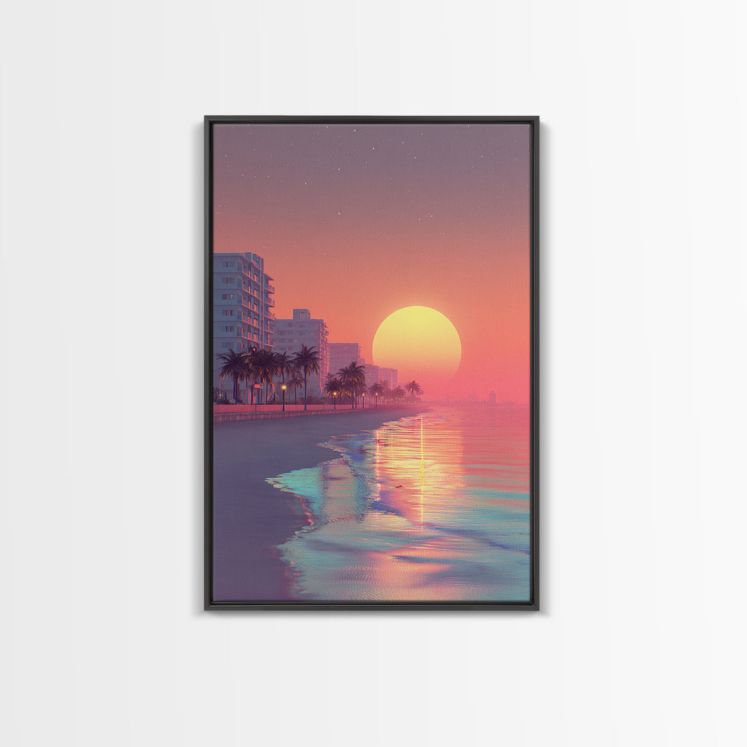 Peaceful Urban Beach Boardwalk Sunset Vibrant Wall Art Canvas Print For Contemporary Living Room Decor Tropical Coastal Vibes