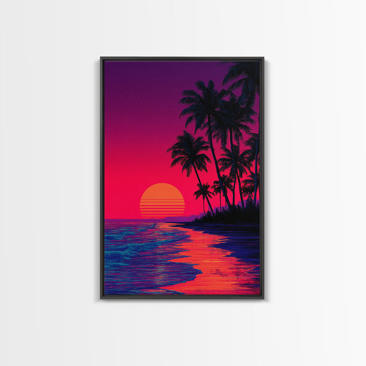 Vibrant Sunset Over Tropical Beach With Palm Trees Digital Wall Art Framed Canvas Print For Home Decor