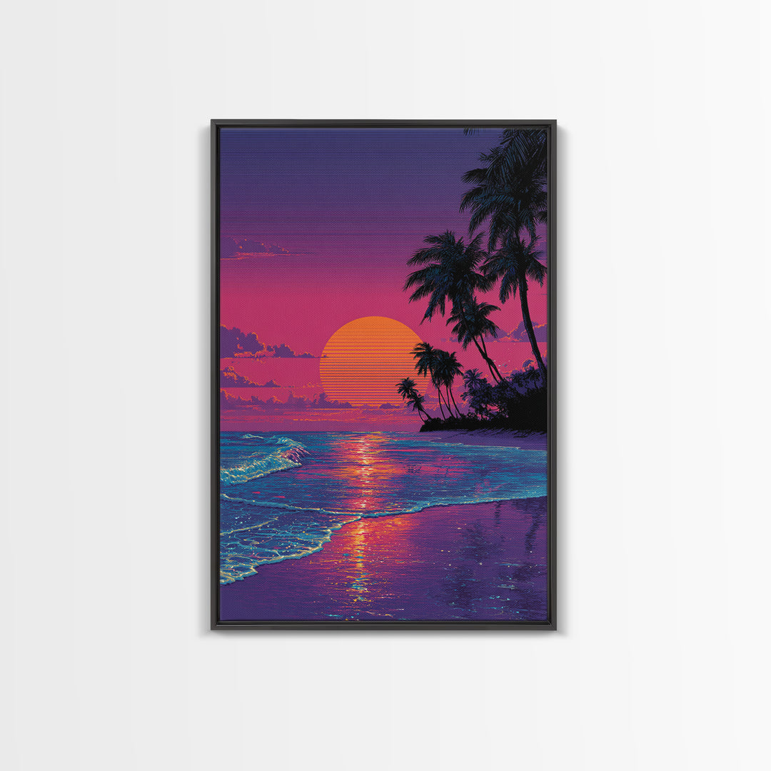 Digital Tropical Beach Sunset Wall Art Vibrant Retro Canvas Print For Coastal Living Room Decor And Relaxing Home Vibes