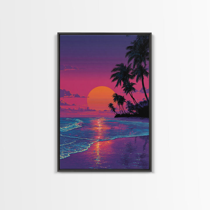 Digital Tropical Beach Sunset Wall Art Vibrant Retro Canvas Print For Coastal Living Room Decor And Relaxing Home Vibes
