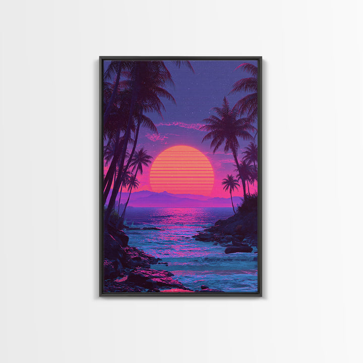 Vibrant Pink And Purple Tropical Beach Sunset With Palm Trees And Calm Ocean Retro Style Canvas Print