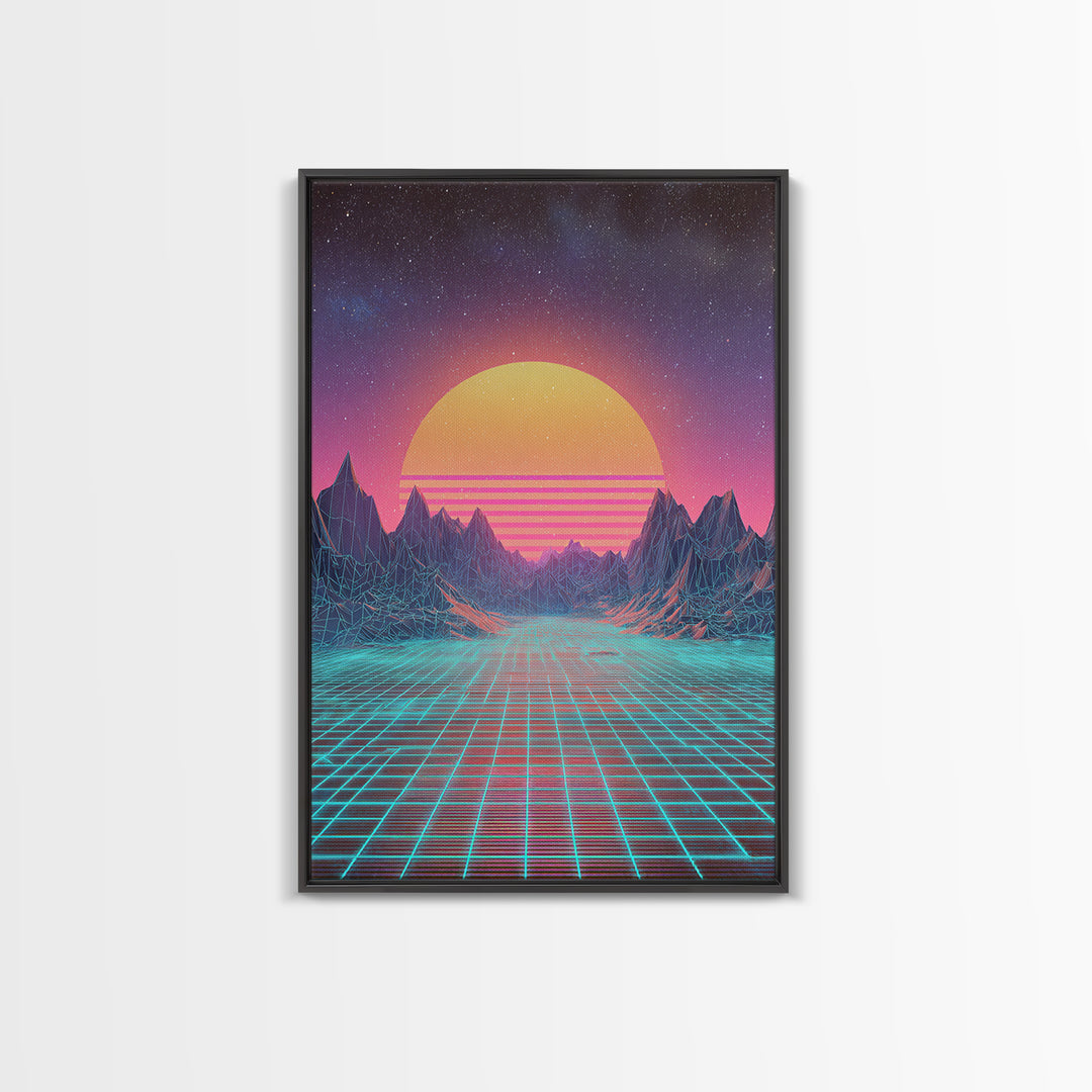 Retro Futuristic Synthwave Neon Sunset Over Wireframe Mountains Wall Art Print For Bedroom Decor Contemporary Canvas Print
