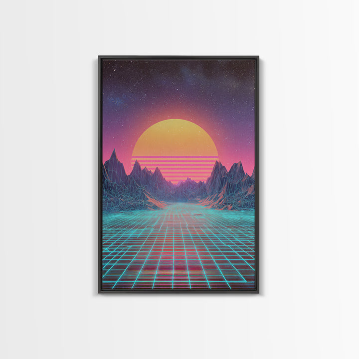 Retro Futuristic Synthwave Neon Sunset Over Wireframe Mountains Wall Art Print For Bedroom Decor Contemporary Canvas Print