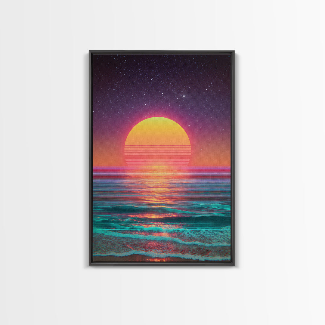 Digital Neon Sunset Ocean Wave Artwork Vibrant Abstract Modern Wall Art Large Framed Canvas Print Coastal Home Decor