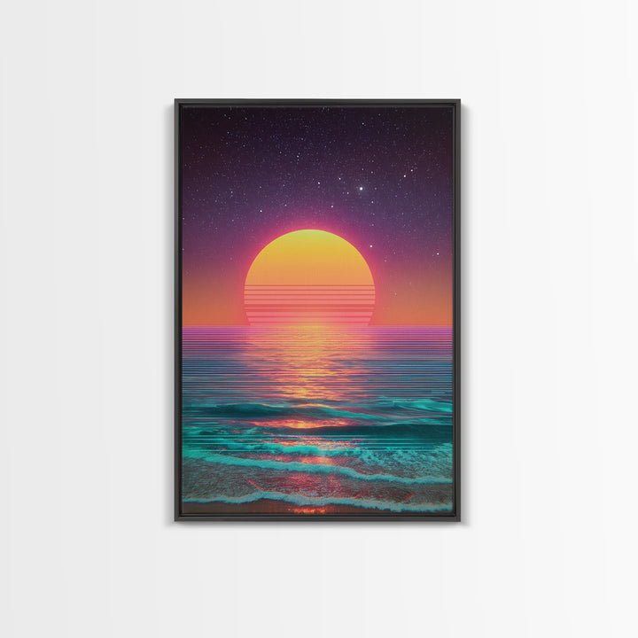 Digital Neon Sunset Ocean Wave Artwork Vibrant Abstract Modern Wall Art Large Framed Canvas Print Coastal Home Decor