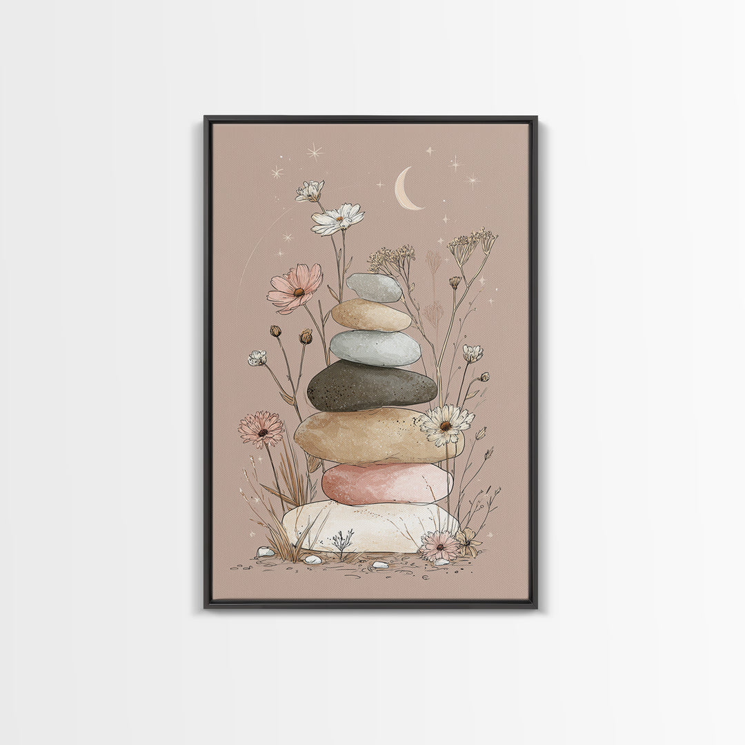 Stacked Zen Stones And Wildflowers Wall Art, Spa Bathroom Decor, Meditation Room Art, Neutral Boho Print, Calming Home Decor