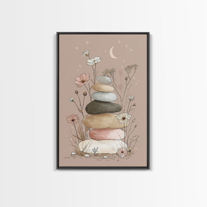Stacked Zen Stones And Wildflowers Wall Art, Spa Bathroom Decor, Meditation Room Art, Neutral Boho Print, Calming Home Decor