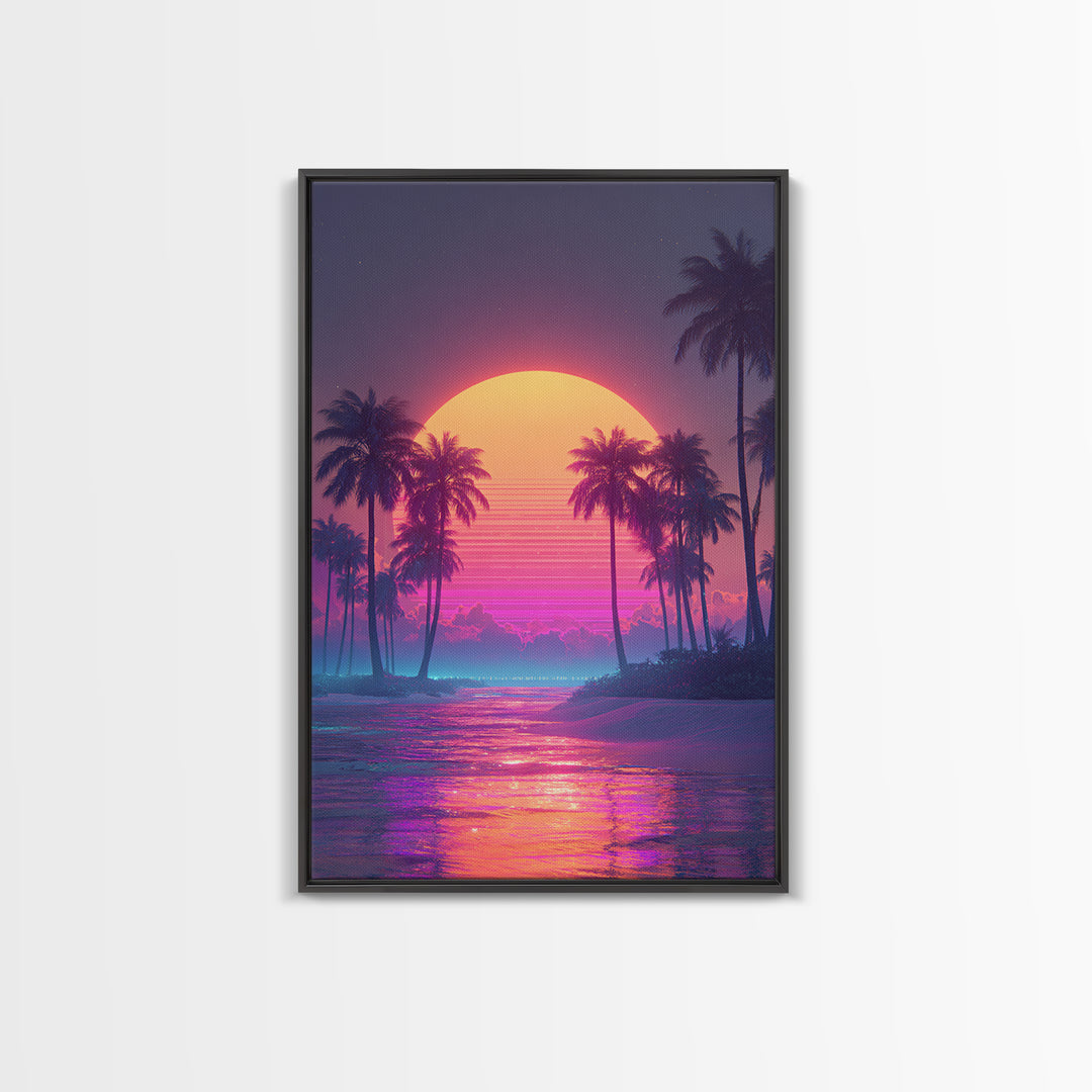 Vibrant Retro Sunset Over Tropical Beach With Palm Trees Large Wall Art Framed Canvas Print Coastal Home Decor
