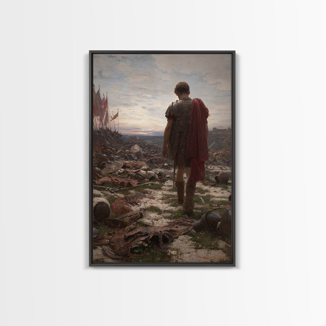 Lone Roman Soldier Framed Canvas Print, Battlefield Wall Art, Historical Warrior Oil Painting, Dark Academia Office Decor