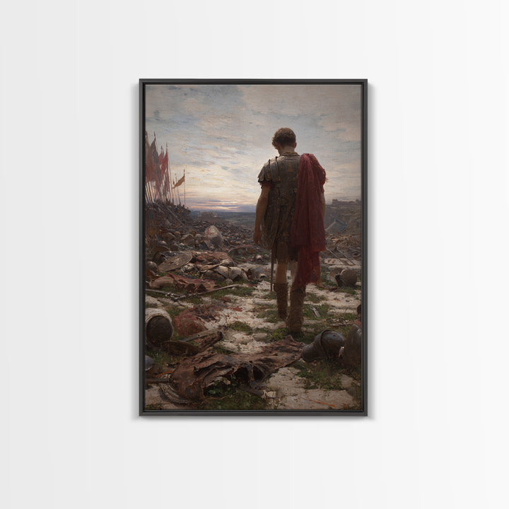 Lone Roman Soldier Framed Canvas Print, Battlefield Wall Art, Historical Warrior Oil Painting, Dark Academia Office Decor