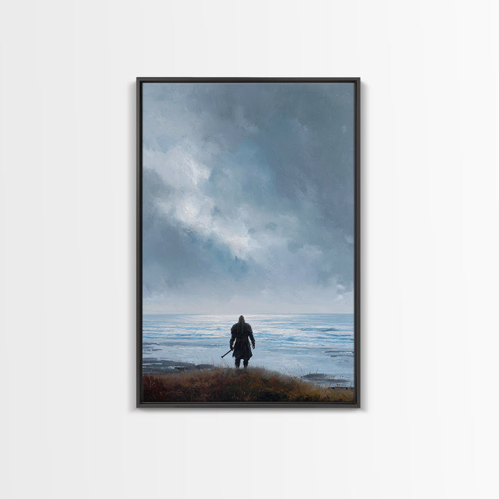 Lone Warrior Facing Cold Blue Sea Canvas Print, Minimalist Coastal Wall Art, Moody Seascape Living Room Decor, Above Bed Art