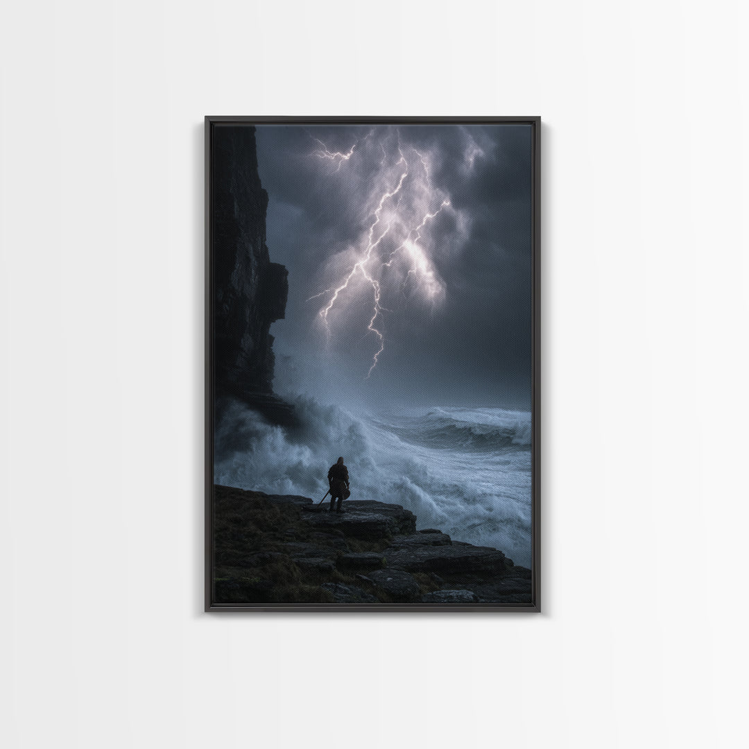 Lone Warrior Beneath Lightning Storm Framed Canvas Print, Dark Seascape Wall Art, Dramatic Fantasy Decor Print, Gift For Him