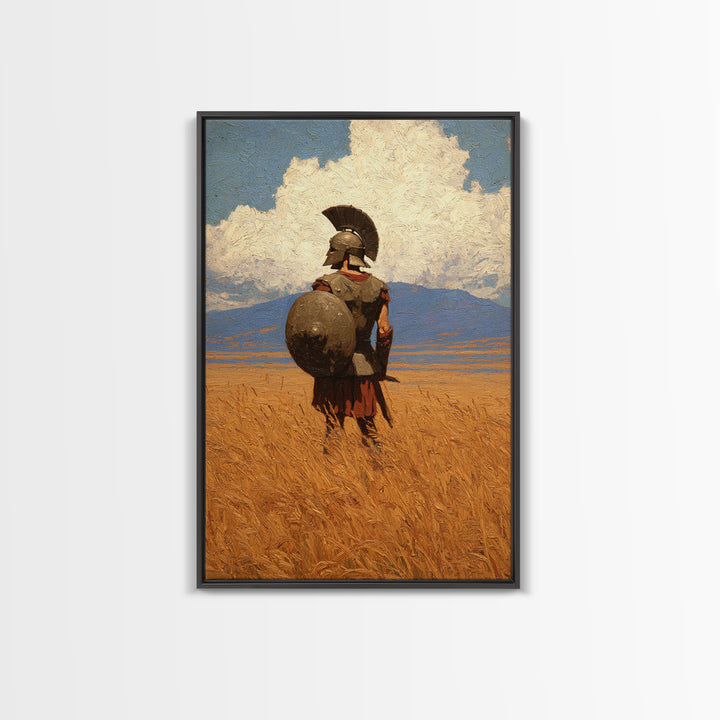 Spartan Warrior In Golden Field Canvas Print, Greek Hoplite Landscape Painting, Ancient History Wall Decor For Office Gift