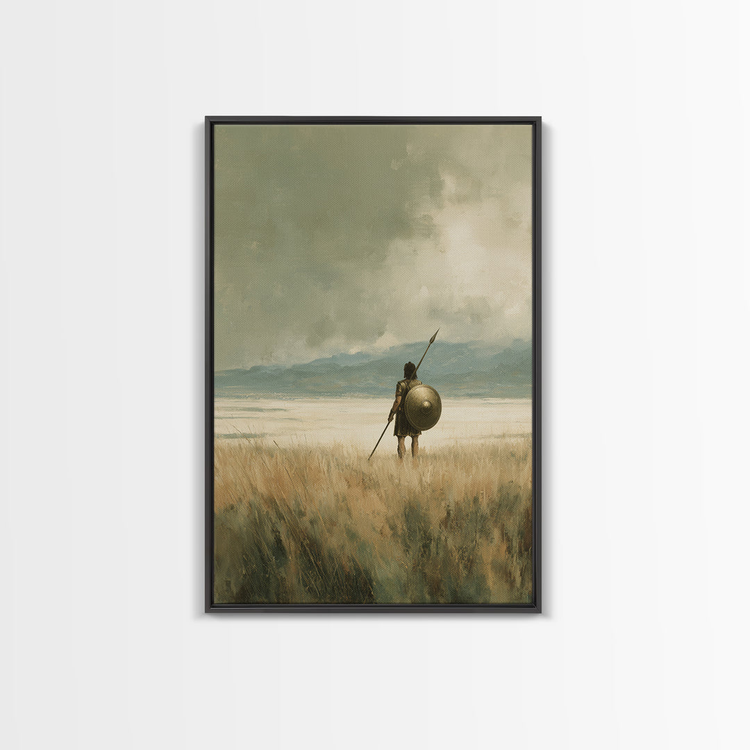 Solitary Spearman With Round Shield In Misty Field Wall Art, Ancient Warrior Canvas Print For Neutral Rustic Home Decor And Gift