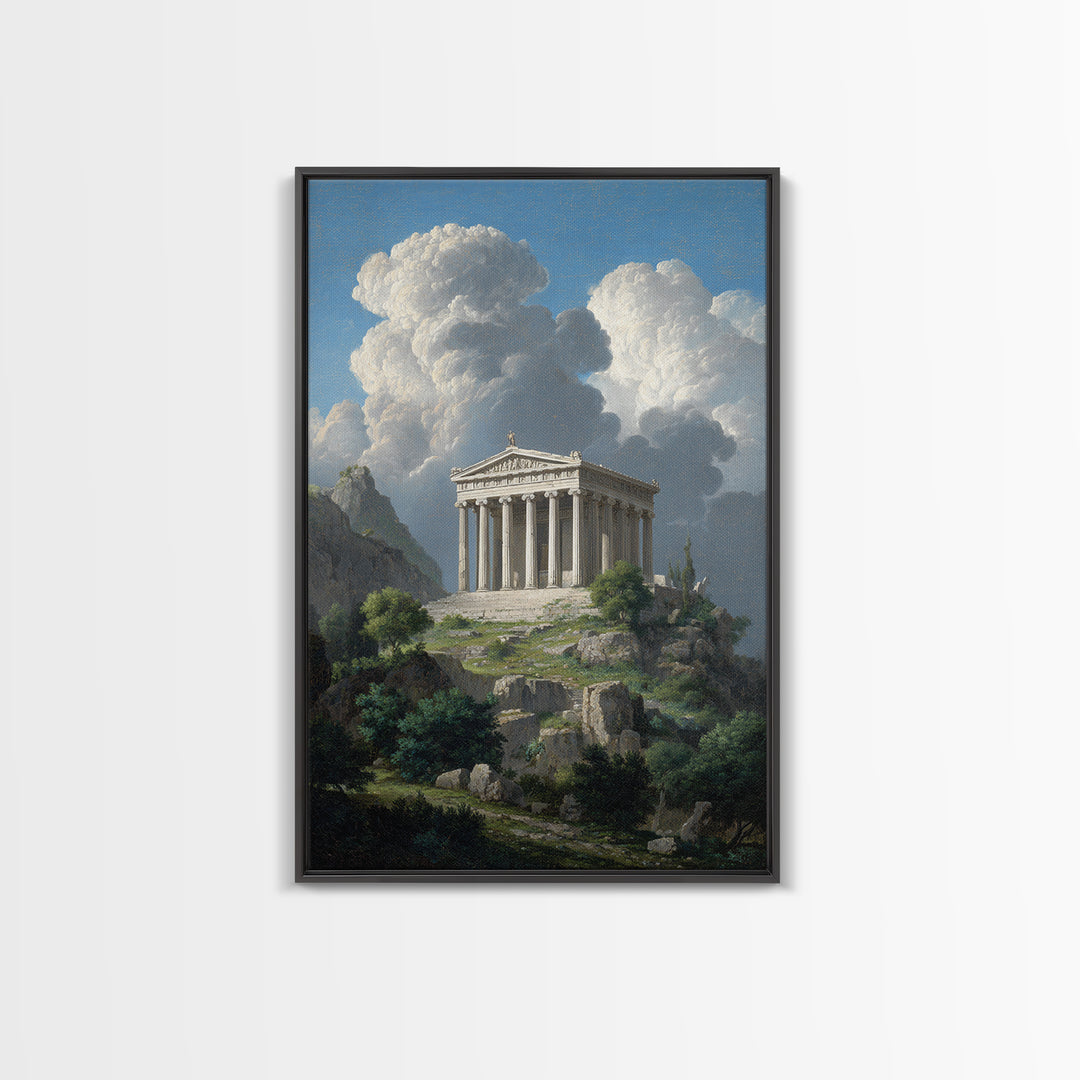 Ancient Greek Temple Under Towering Clouds Canvas Print, Classical Landscape Wall Art, Mediterranean Home Decor, Fine Art