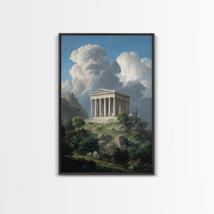 Ancient Greek Temple Under Towering Clouds Canvas Print, Classical Landscape Wall Art, Mediterranean Home Decor, Fine Art
