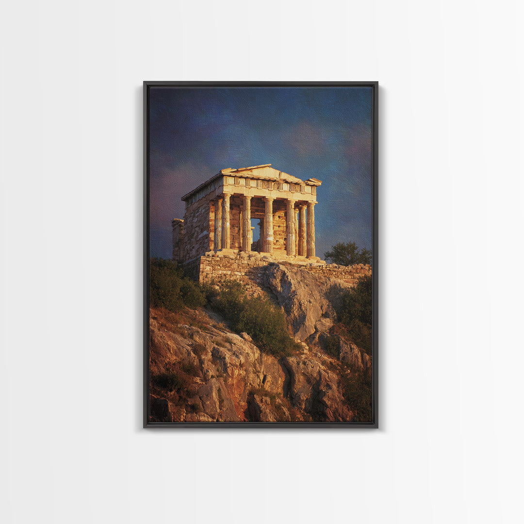 Golden Greek Temple On Rocky Hill Wall Art, Ancient Greece Landscape Painting, Mediterranean Decor, Travel Art Print, Gift For Him