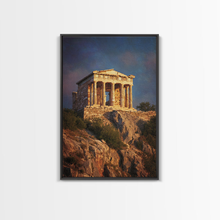 Golden Greek Temple On Rocky Hill Wall Art, Ancient Greece Landscape Painting, Mediterranean Decor, Travel Art Print, Gift For Him