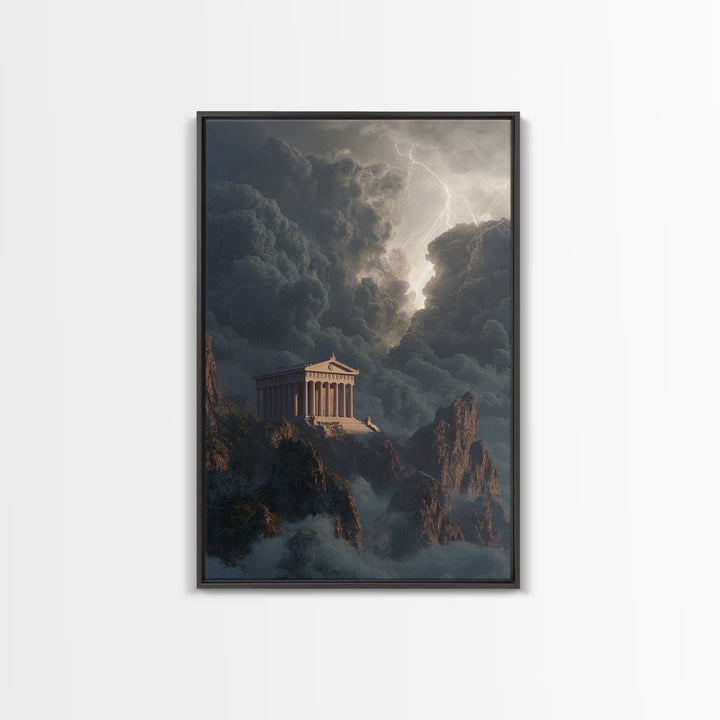 Ancient Greek Temple In Lightning Storm Framed Canvas Print, Mythological Wall Art, Dramatic Landscape Decor, Office Art