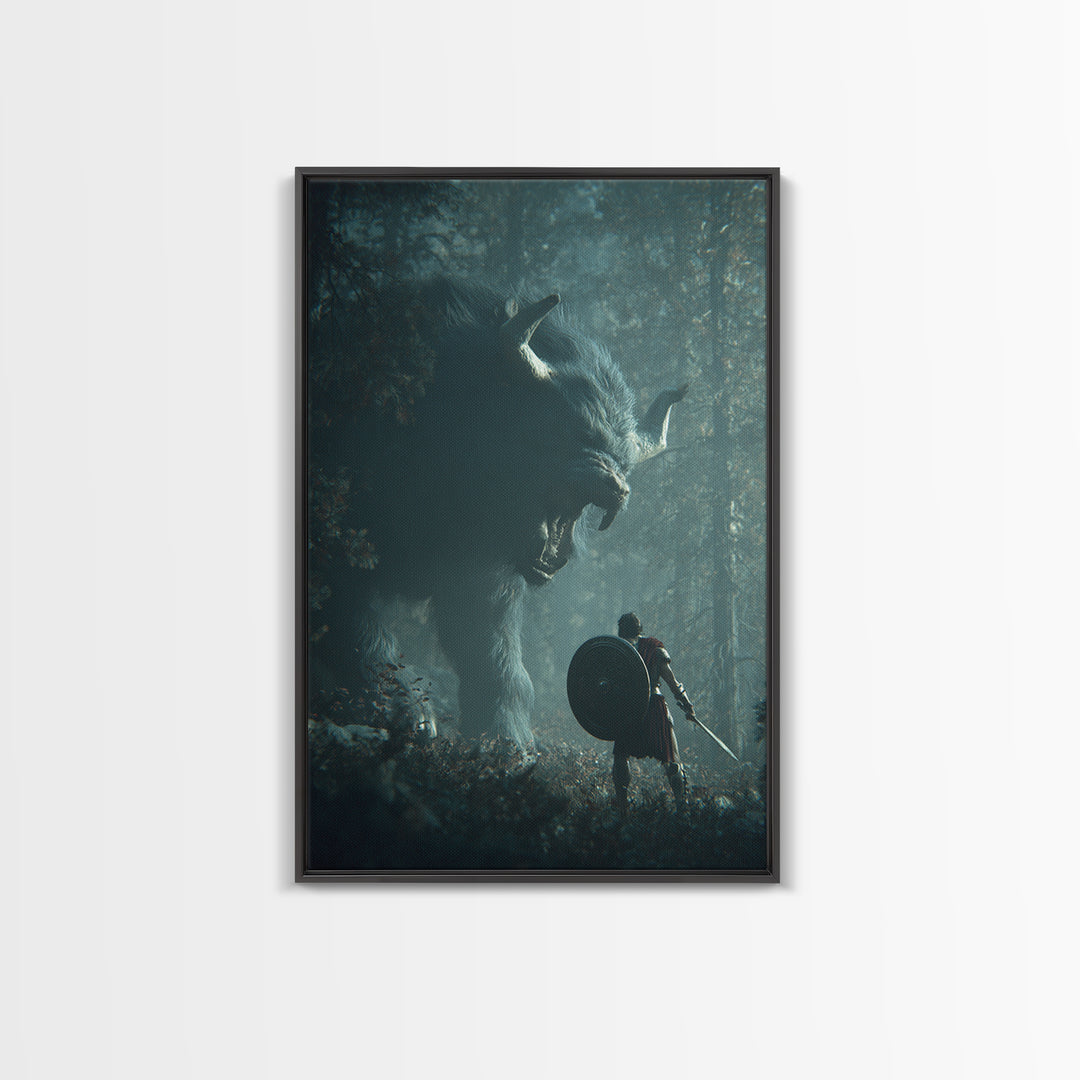 Warrior Facing Giant Wolf In Forest Wall Art, Dark Fantasy Canvas Print, Mythical Creature Decor, Gift For Gamer, Adventure Art