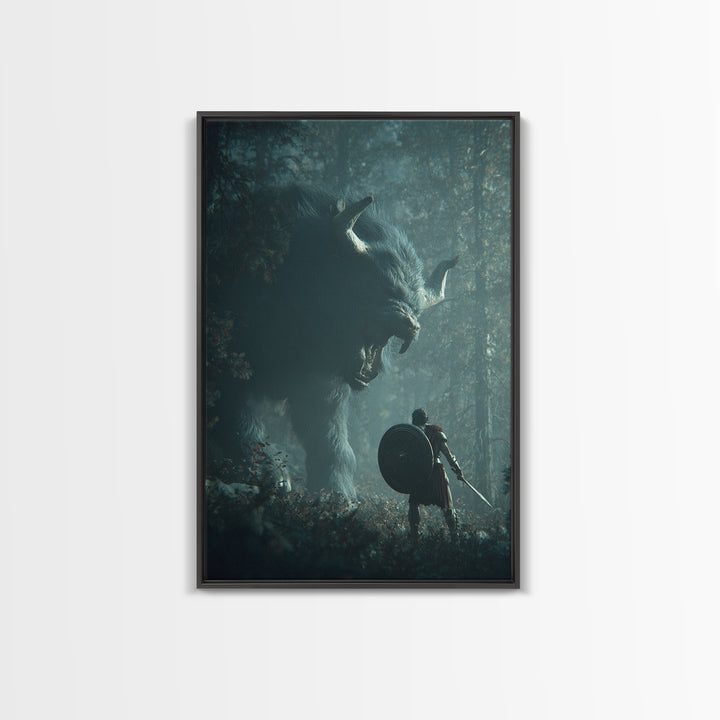 Warrior Facing Giant Wolf In Forest Wall Art, Dark Fantasy Canvas Print, Mythical Creature Decor, Gift For Gamer, Adventure Art