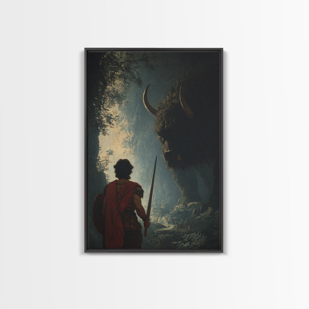 Warrior Facing Shadowed Minotaur Wall Art, Dark Fantasy Oil Painting, Mythological Art Print, Gothic Home Decor Gift For Him
