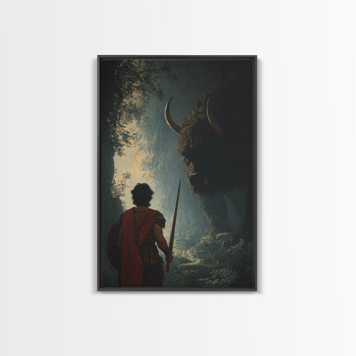 Warrior Facing Shadowed Minotaur Wall Art, Dark Fantasy Oil Painting, Mythological Art Print, Gothic Home Decor Gift For Him