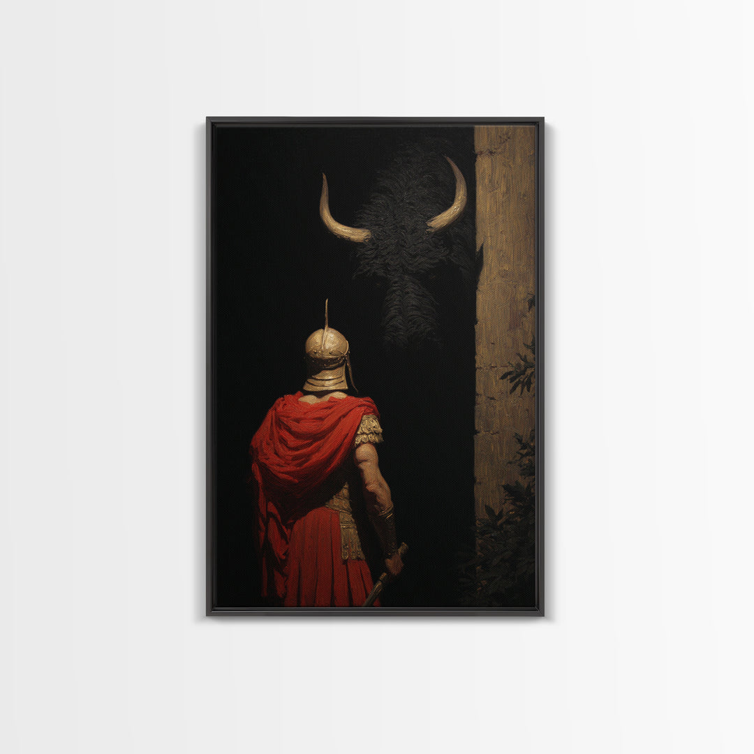 Roman Soldier Facing Shadowed Bull Framed Canvas Print, Mythological Art, Dark Academia Decor, Ancient Classical Wall Art