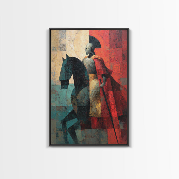 Abstract Roman Cavalry And Red Cloak Framed Canvas Print, Ancient Warrior Wall Decor, Modern Historical Art Print, Gift For Him