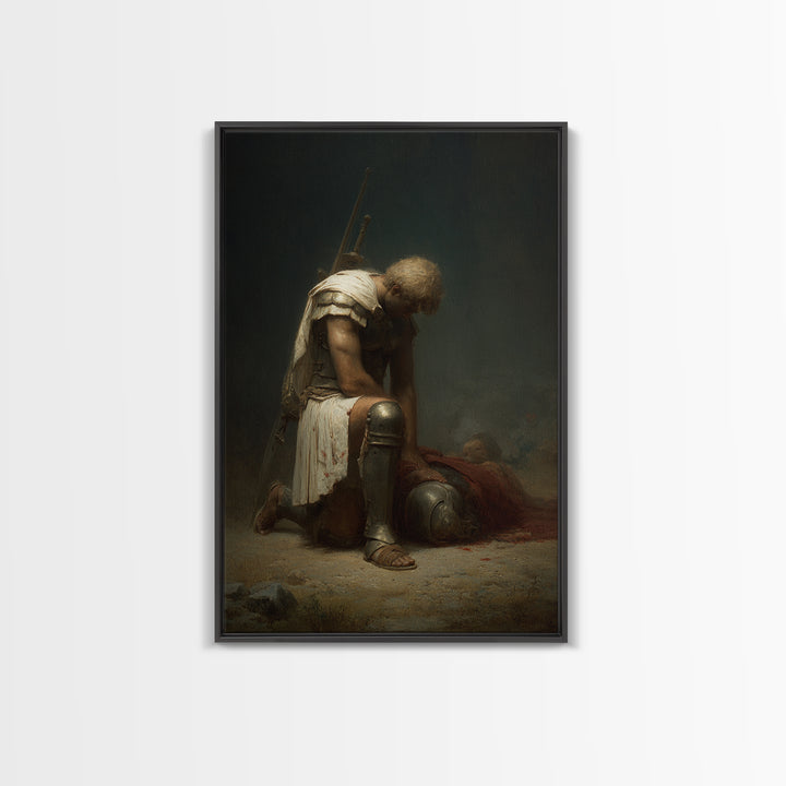 Kneeling Fallen Warrior Canvas Print, Dark Battle Wall Art, Classical Figurative Oil Painting, Moody Office Decor Gift For Him