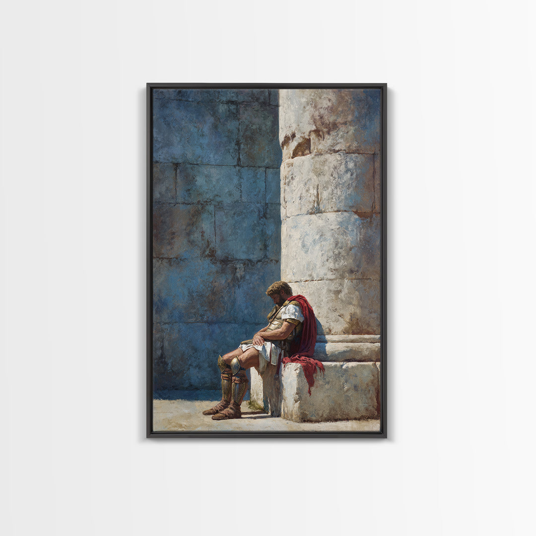 Resting Roman Soldier By Stone Column Wall Art, Ancient Classical Canvas Print, Historical Office Decor For Him, Housewarming Gift
