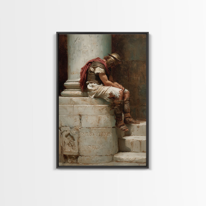 Sleeping Roman Soldier On Marble Steps Framed Canvas Print, Classical Wall Art, Ancient History Decor, Dark Academia Gift