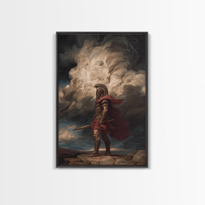 Roman Centurion Under Storm Clouds Framed Canvas Print, Classical Warrior Wall Art, Mythological Decor, Dramatic Office Art