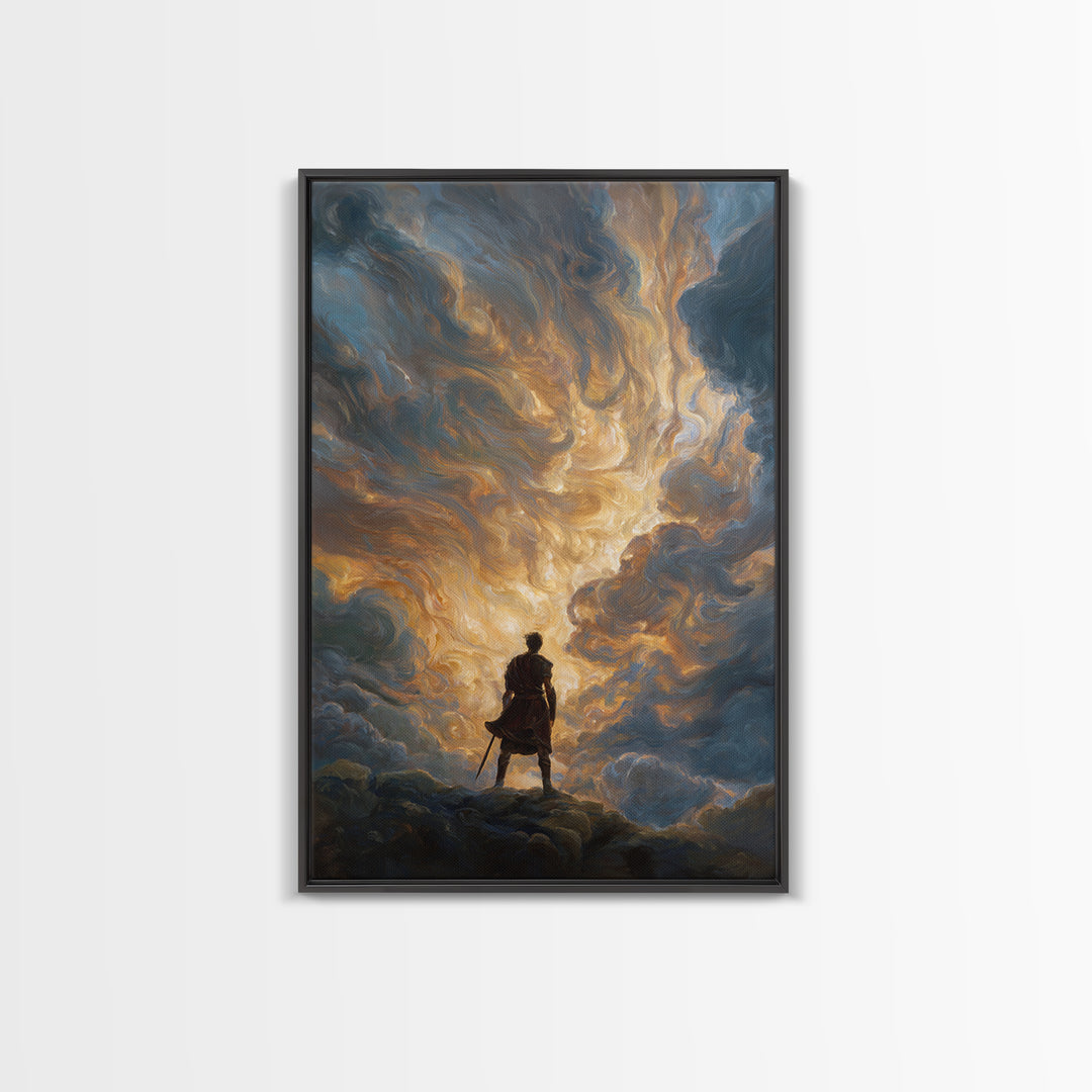 Lone Hero Beneath Golden Storm Clouds Wall Art, Epic Fantasy Canvas Print, Dramatic Sky Modern Living Room Decor, Office Decor