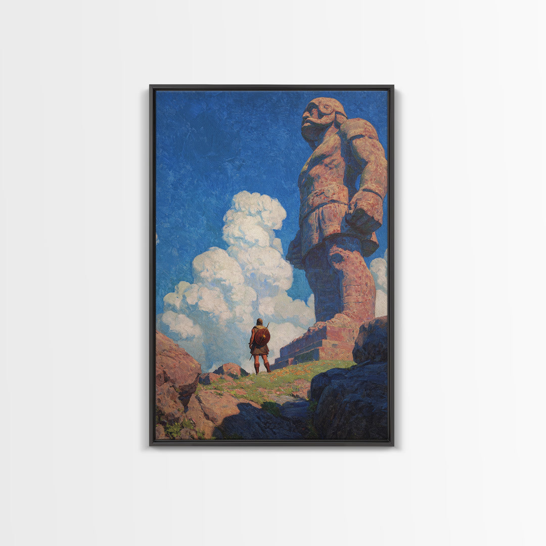 Tiny Warrior Beneath Colossal Stone Giant, Fantasy Wall Art, Mythical Landscape Print, Adventure Decor, Kids Room Art, Unique Gift