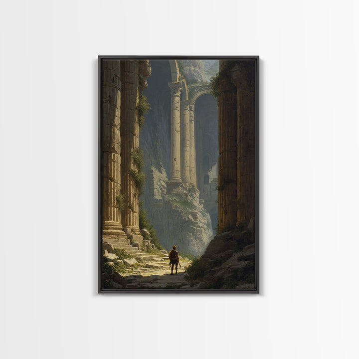 Lone Explorer In Monumental Ancient Ruins Wall Art, Fantasy Architecture Canvas, Classical Landscape Decor, Large Fine Art Print